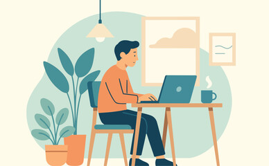 A Man working from home on laptop in comfortable home office 