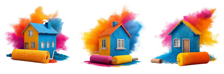 Set of A colorful painted wall with  open cans of bright colorst on transparent png background. Ai generated