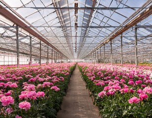 Fototapeta premium greenhouse filled with blooming pink flowers