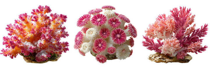 Set of  A detailed coral reef in soft pink and orange tones on transparent png background. Ai generated