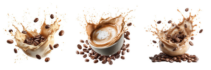 Set of A cup of freshly brewed coffee with visible cremat on transparent png background. Ai generated