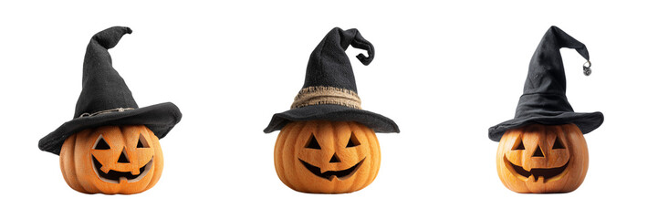 Set of A decorative pumpkin placed on a black witch’s hat Halloween theme on transparent png background. Ai generated