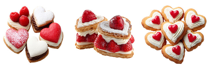 Set of Heart shaped cookies with red icing stacked gentlyt on transparent png background. Ai generated