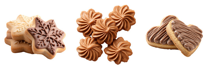 Set of Freshly baked heart shaped cookie coated in rich chocolate icingt on transparent png background. Ai generated
