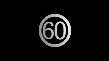 Silver Number 60 Inside a Circular Border on a Black Background numeral sixty