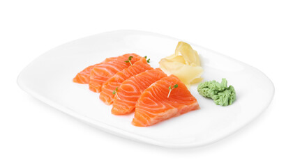 Fresh salmon sashimi with microgreens, wasabi and ginger isolated on white