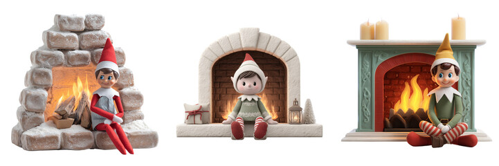 Set of Small decorative Christmas elf doll sitting with gifts on transparent png background. Ai generated