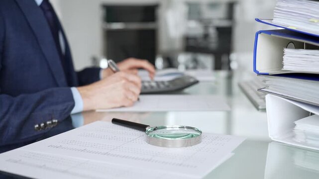 Accountant doing financial audit, calculating taxes with calculator, business bookkeeping, reviewing corporate report. Audit and taxes in business