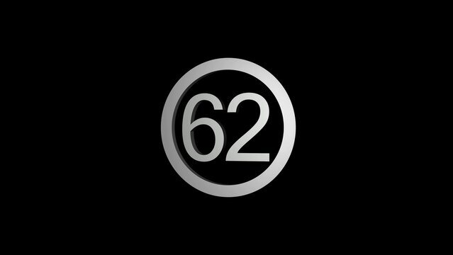 Silver Number 62 Inside a Circular Border on a Black Background numeral sixty two