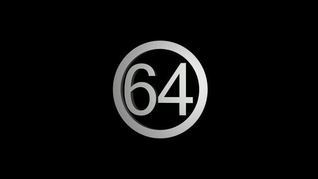 Silver Number 64 Inside a Circular Frame on a Black Background sixty-four numeral