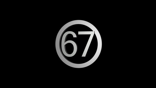 Silver Number 67 Inside a Circular Frame on a Black Background sixty-seven numeral