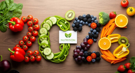 Fresh, vibrant fruits and vegetables artfully arranged to form the year 2023, promoting healthy eating and wellness.