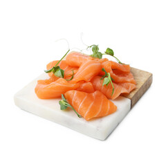Fresh salmon sashimi with microgreens isolated on white