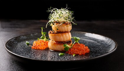 seared scallops with salmon roe and sprouts stacked on a dark plate