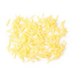 Pile of grated cheese isolated on white, top view