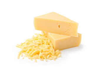 Grated and pieces of cheese isolated on white