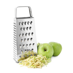 Whole and grated apples with grater isolated on white