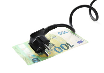 Electrical wire with plug and euro banknote isolated on white
