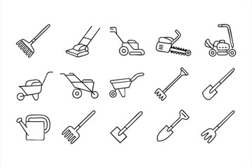 Gardening and landscaping line art icons for outdoor tools and equipment design