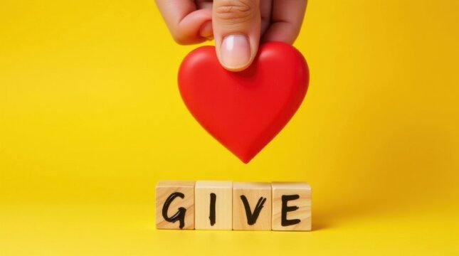 Mano sosteniendo un coraz&oacute;n rojo sobre cubos de madera que forman la palabra "Dar", fondo amarillo, concepto de caridad, amor, compasi&oacute;n y conexi&oacute;n humana