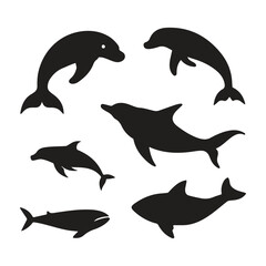 Obraz premium Dolphin Silhouettes: A collection of elegant dolphin silhouettes gracefully dancing, perfect for conveying oceanic charm and playful energy. 