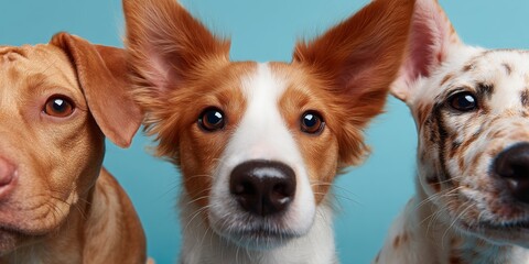 Cute dogs with expressive faces posing against a blue backdrop in a bright, fun setting