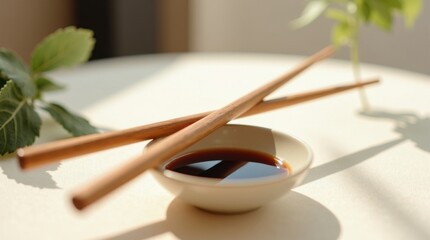 Palillos de madera reposando delicadamente junto al plato de salsa de soja; una mesa minimalista que evoca una elegancia serena y una calma culinaria