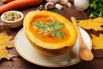 Tasty pumpkin cream soup with seeds and parsley among autumn leaves on wooden table, closeup