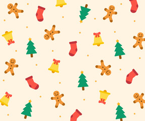 Charming Christmas pattern of gingerbread men, socks, Christmas trees, and bells on pale yellow background. Great for warm holiday packaging, posters, or gift paper designs.