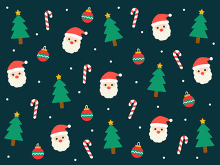 Cute seamless Christmas pattern featuring Santa Claus, Christmas tree, candy cane, and ornaments on navy background. Perfect for Christmas greeting cards, fabric, or digital use.