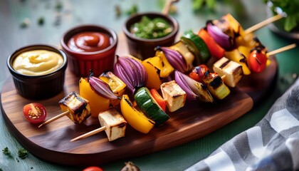 juicy grilled skewers are arranged on a dark wooden platter bursting with colorful vegetables and melted cheese two dipping sauces add flavor and variety to the summer gathering