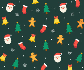 Colorful seamless Christmas pattern with Santa Claus, gingerbread men, socks, Christmas trees, bells, and snowflakes on dark background. Ideal for gift wrap, textile, or seasonal branding.