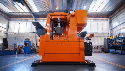 a robust orange hydraulic press stands prominently in an industrial workshop heavy duty compressing