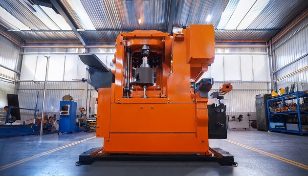 a robust orange hydraulic press stands prominently in an industrial workshop heavy duty compressing