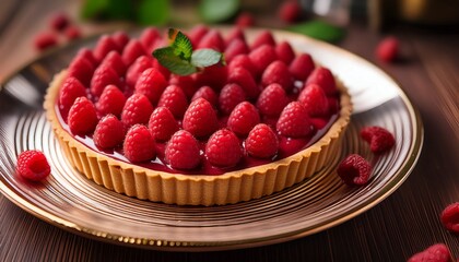 a vibrant raspberry tart is beautifully presented on a decorative plate the tart features a rich glossy layer of raspberry filling topped with fresh raspberries