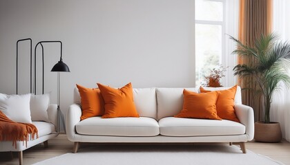 modern living room interior with white couch and orange pillows