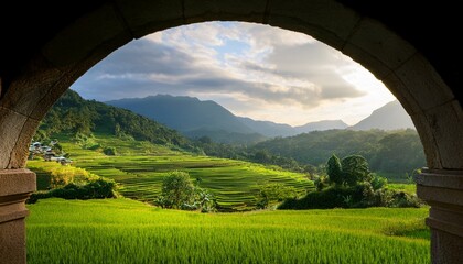 stunning view of lush green rice terraces and mountains from stone archway