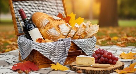 Autumn picnic basket with bread wine grapes cheese and fall leaves