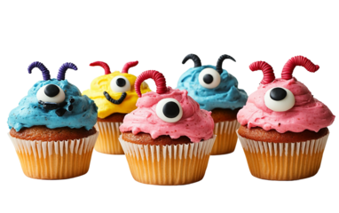 Halloween bakery treats showcasing playful monster faces made of creamy frosting and bright edible details isolated on white background PNG