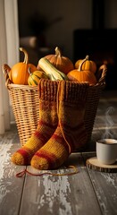 Autumn still life pumpkins basket socks and warm beverages