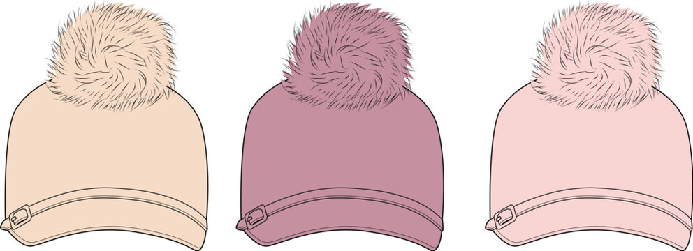 Set of three colorful winter beanie hats with fluffy fur pom-poms and zipper detail. Fashionable headwear accessories technical flat sketch vector illustration