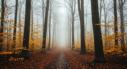 Obraz premium Autumnal forest path leading into the misty distance scenic nature landscape
