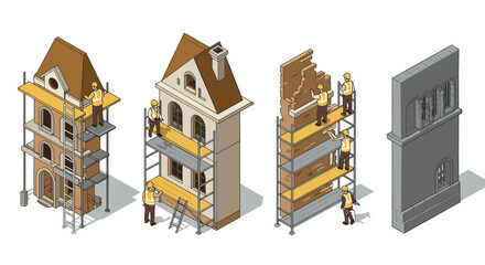 Fototapeta premium Construction workers building and restoring houses in isometric style