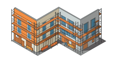 Fototapeta premium Isometric construction scene featuring scaffolding on modern building in urban setting