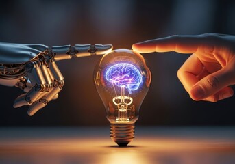 Human and robot connect to a glowing brain lightbulb