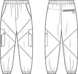 Cargo jogger pants flat sketch, elastic waistband design, utility pocket fashion CAD drawing, technical vector illustration, apparel design template, garment outline