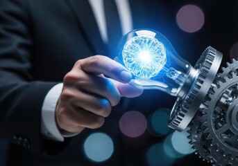 Businessman holds glowing blue digital brain with gears