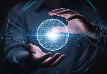 Hands holding a glowing digital sphere of light and data