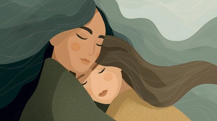 Gentle vector illustration of two women embracing with soothing pastel green and brown tones for mental health and self-care campaign branding and collateral.