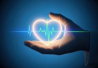 Hand holding glowing heart with electrocardiogram line